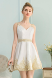 A-Line V-Neck Appliques Short White Satin Homecoming Dress