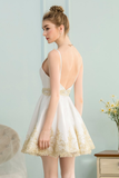 A-Line V-Neck Appliques Short White Satin Homecoming Dress