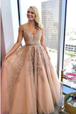 Charming A Line V Neck Beads Tulle Prom Dresses with Appliques, Floor Length Formal Dresses STI15092