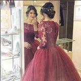 Cheap Burgundy Lace Three Quarter Sleeve Ball Gown Elegant Long Prom Dresses