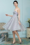 A-Line Strapless Grey Lace Homecoming Dress Ball Gown with Rhinestones