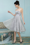 A-Line Strapless Grey Lace Homecoming Dress Ball Gown with Rhinestones