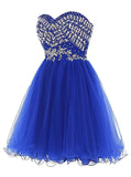 Cheap Blue Sweetheart Cute A-line Tulle Beading Short Mini Homecoming Dresses