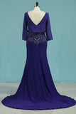 2024 Prom Dresses V Neck 3/4 Length Sleeves Mermaid With Beads PPSJ3GAP