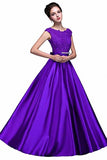 Elegant A-Line Applique Round Neck Lace Satin Ball Gown Evening PF19Q8AM