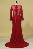 2024 Prom Dresses Scoop Mermaid/Trumpet With Applique & Gold Sash Sweep PQE98Q1D