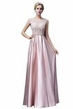 Elegant A-Line Applique Round Neck Lace Satin Ball Gown Evening PF19Q8AM