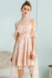 High Low A-Line Spaghetti Straps Ice Pink Lace Homecoming Dress