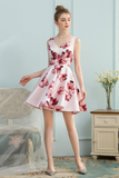 A-Line V-Neck White Floral-Printed Satin Short Homecoming Dress