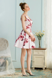 A-Line V-Neck White Floral-Printed Satin Short Homecoming Dress