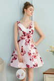 A-Line V-Neck White Floral-Printed Satin Short Homecoming Dress