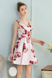 A-Line V-Neck White Floral-Printed Satin Short Homecoming Dress