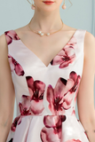 A-Line V-Neck White Floral-Printed Satin Short Homecoming Dress