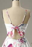 Short Pink Floral-Print Satin Homecoming Dress