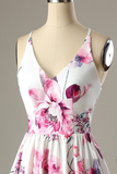 Short White Floral-Print Satin Homecoming Dress