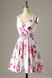 Short White Floral-Print Satin Homecoming Dress