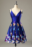 A-Line V-neck Spaghetti Straps Royal Blue Homecoming Dress