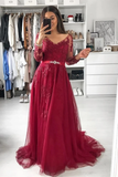 V Neck Long Sleeves A Line Appliqued Tulle Prom Dress With Beading STIPG4JK1K3