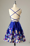 Sweet A-line Straps Short Printed Royal Blue Homecoming Dress