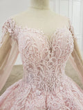 Elegant Ball Gown Pink Long Sleeves Appliques Prom Dresses, Quinceanera STI20482