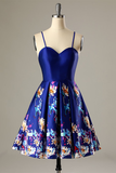 A-Line Spaghetti Straps Short Royal Blue Satin Homecoming Dress