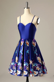 A-Line Spaghetti Straps Short Royal Blue Satin Homecoming Dress