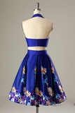 Two Piece Halter Printed Royal Blue Homecoming Party Dress