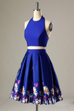 Two Piece Halter Printed Royal Blue Homecoming Party Dress