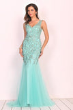 2024 New Arrival V Neck Tulle With Applique And Beads Mermaid P6NJ518B