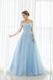 2024 Light Sky Blue Prom Dresses Sweep/Brush Train Tulle Prom PB5PPFF9