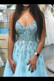 A-Line V-Neck Beaded Prom Dresses Floor Length PSYZD4X3