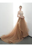 A-Line Spaghetti Straps Tulle Long Appliques Prom Dresses Formal P3ZAJKTR