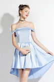 High Low Off-the-Shoulder Light Sky Blue Satin Homecoming Dress