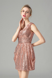 Sexy A-Line V-Neck Backless Short Pink Sequins Homecoming Dress