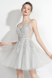 A-Line V-Neck Grey Homecoming Dress with Sash Appliques