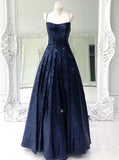 Stunning Sleeveless A Line Navy Blue Sequin Prom Dresses