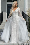 Mermaid V Neck Backless Long Sleeves Tulle Wedding Dresses