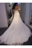 Off The Shoulder Tulle Wedding Dresses Bridal Dresses Appliques Covered Button P1AMNRMJ