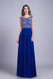 2024 Prom Dresses A-Line Scoop Floor-Length Dark Royal Blue Chiffon Beaded P6YLECKN