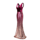 Sexy Sequins Mermaid V Neck Burgundy Velvet Long Prom Dresses Backless Evening Dress STI15352