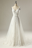 V-Neck Sleeveless Applique Backless Wedding Dress