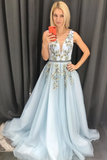 Tulle V Neck Long Prom Dress A Line Sleeveless Appliques Evening STIP11L3GR6