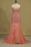 2024 Mermaid Prom Dresses Sweetheart With Beading And Applique Tulle Sweep/Brush PAG5888D