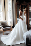 Simple Round Neck Satin Ivory Wedding Dresses With Pockets Long Wedding STIPG7X4QMY