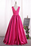 2024 V Neck Satin Prom Dresses With Ruffles Bodice P7GBS5SQ