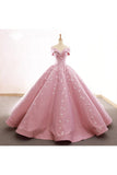 Ball Gown Off The Shoulder Satin Prom Dress With Appliques Long Quinceanera STIPDJZ6JB1