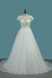 2024 Tulle A Line Scoop Short Sleeve Wedding Dresses With Applique And P43RSC6Z