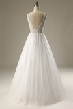 A-line Sleeveless V-neck Beading Wedding Dress