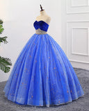 Ball Gown Sweetheart Strapless Blue Prom Dresses with Beading, Tulle Quinceanera Dresses STI15073