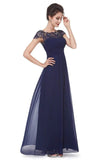 Elegant Lace Cap Sleeve Chiffon Evening Gowns Open Back Bateau Long Prom Dresses STI15170